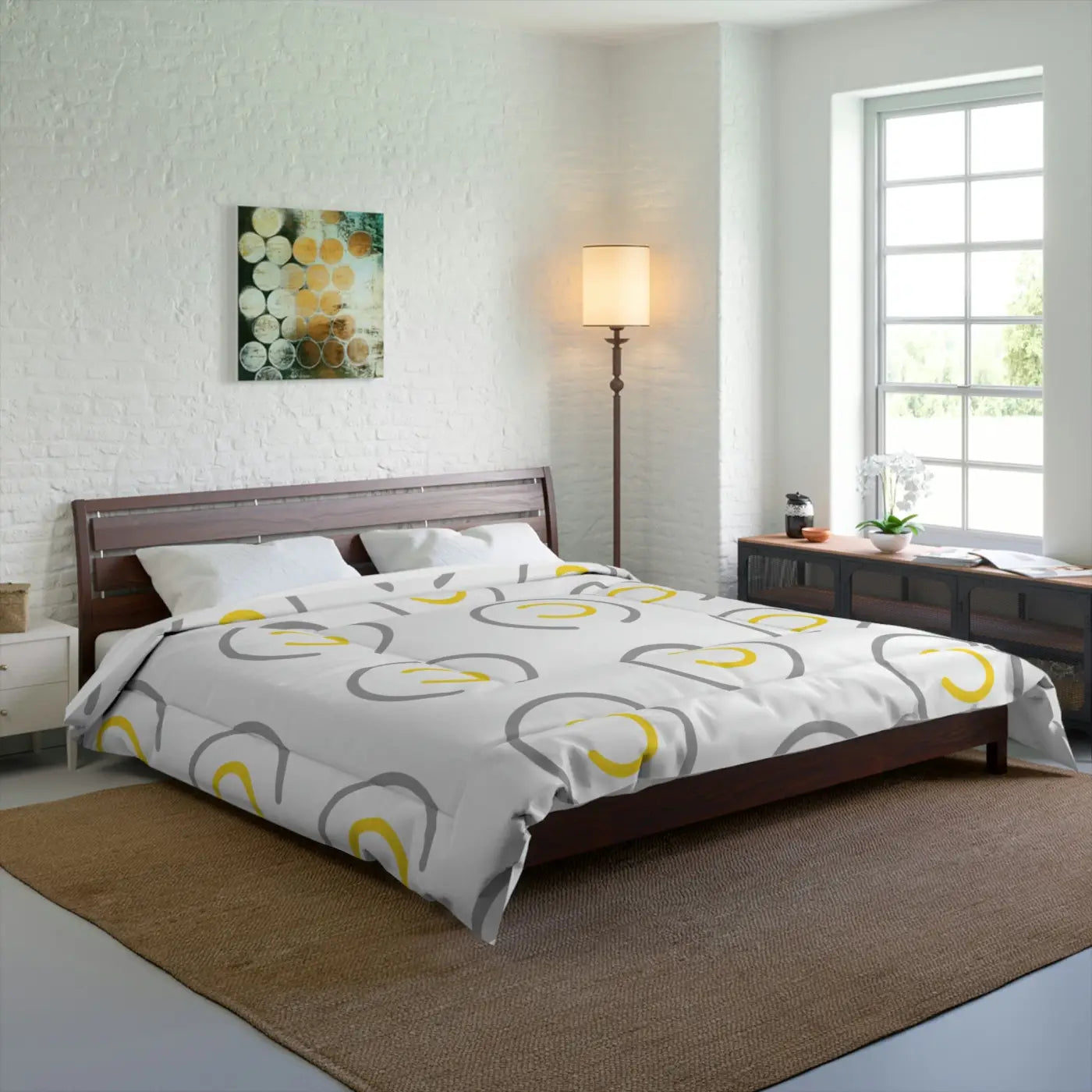 Modern Abstract Circle Comforter - Grey and Yellow - DipaliZ