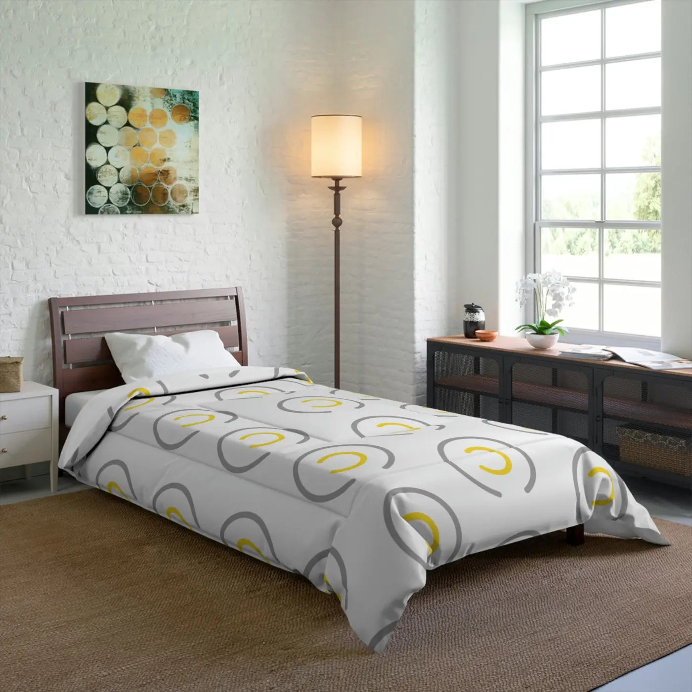 Modern Abstract Circle Comforter - Grey and Yellow - DipaliZ