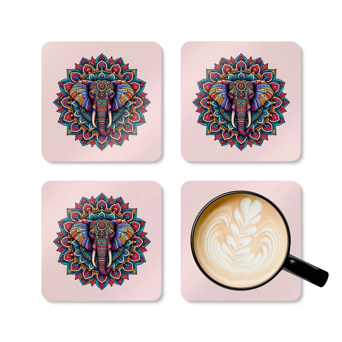 Corkwood Coaster Set - Mandala Elephant Design - DipaliZ
