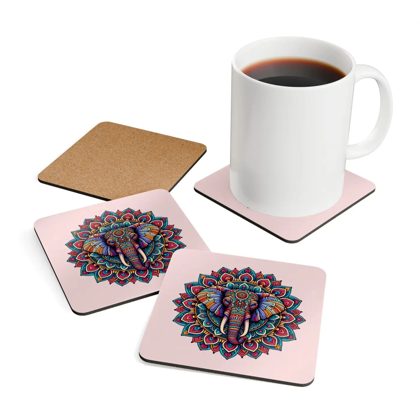 Corkwood Coaster Set - Mandala Elephant Design - DipaliZ
