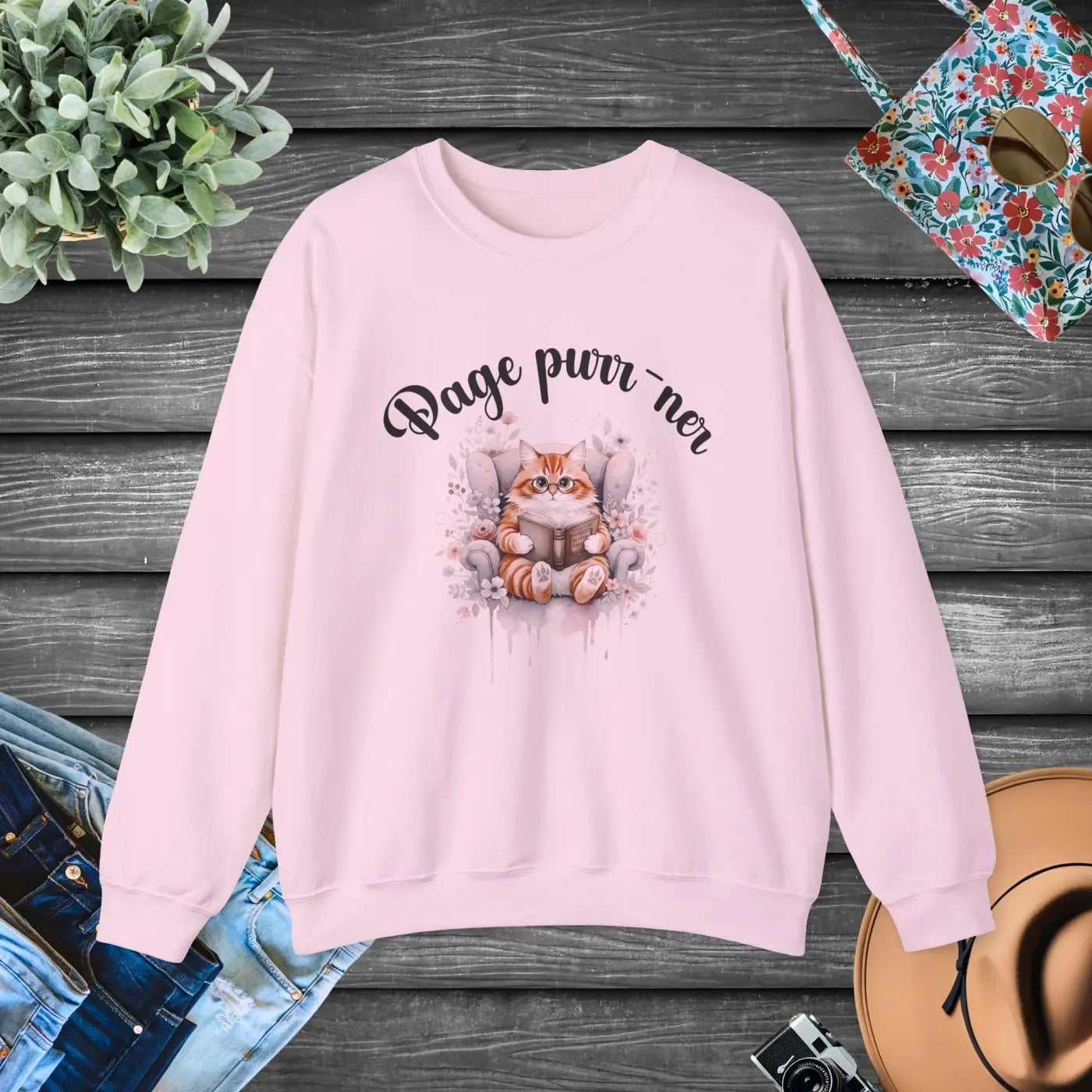 Cozy Literary Reading Cat Graphic Sweatshirt - DipaliZ