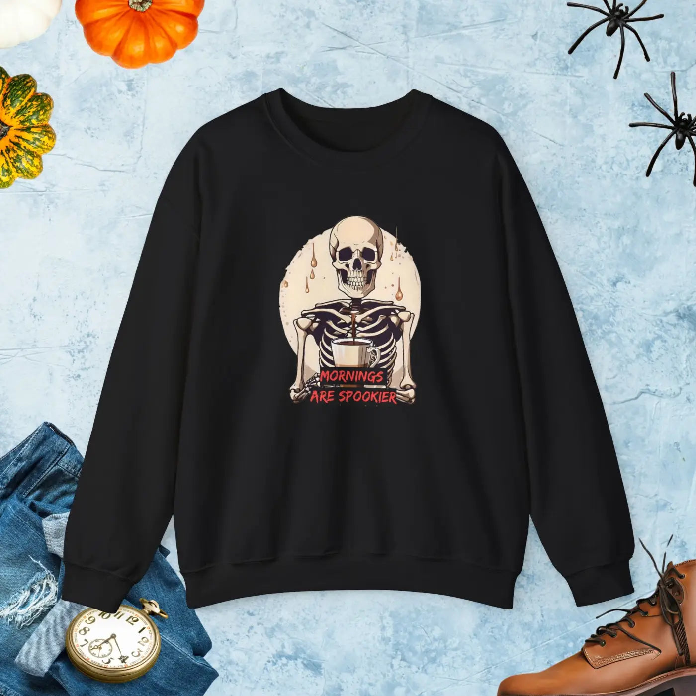 Skeleton Coffee Crewneck Sweatshirt - Spooky Mornings - DipaliZ