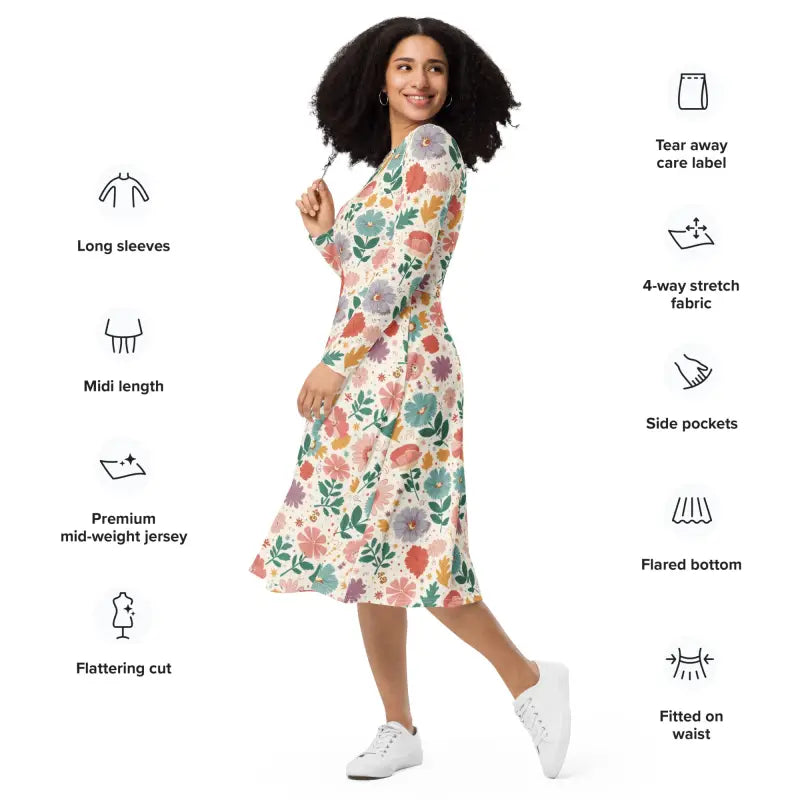 Long Sleeve Midi Dress - Polyester Spandex Curve Fit - DipaliZ