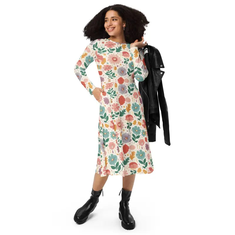 Long Sleeve Midi Dress - Polyester Spandex Curve Fit - DipaliZ