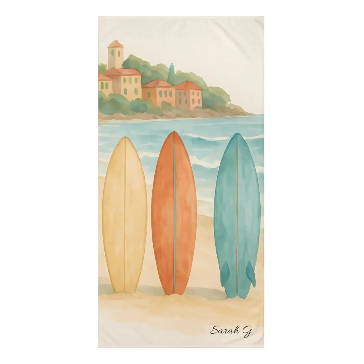 Surfboard Beach Towel - Coastal Watercolor Surf Design - DipaliZ