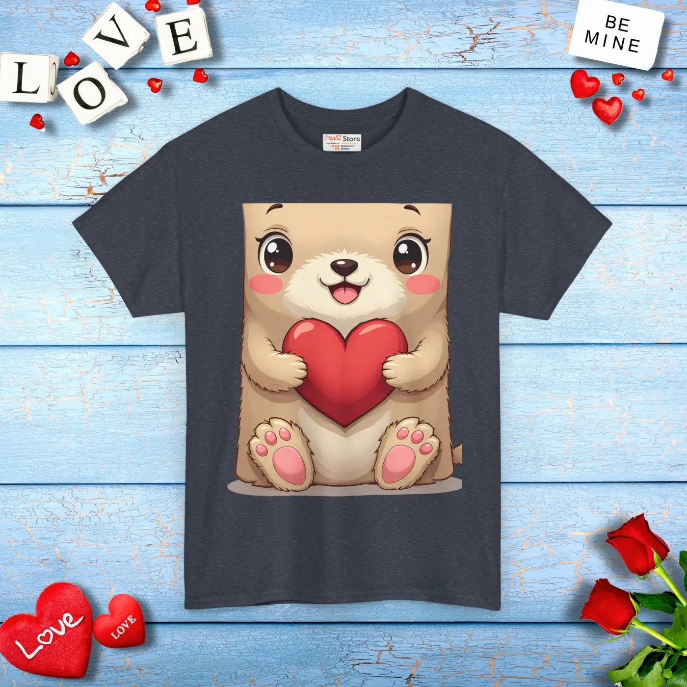 Adorable Unisex Heavy Cotton Tee - Bear and Heart Design - DipaliZ