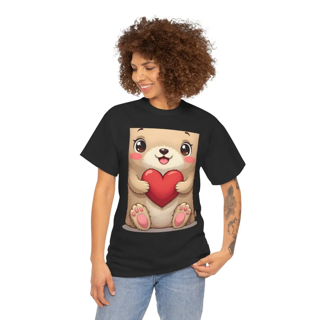 Adorable Unisex Heavy Cotton Tee - Bear and Heart Design - DipaliZ