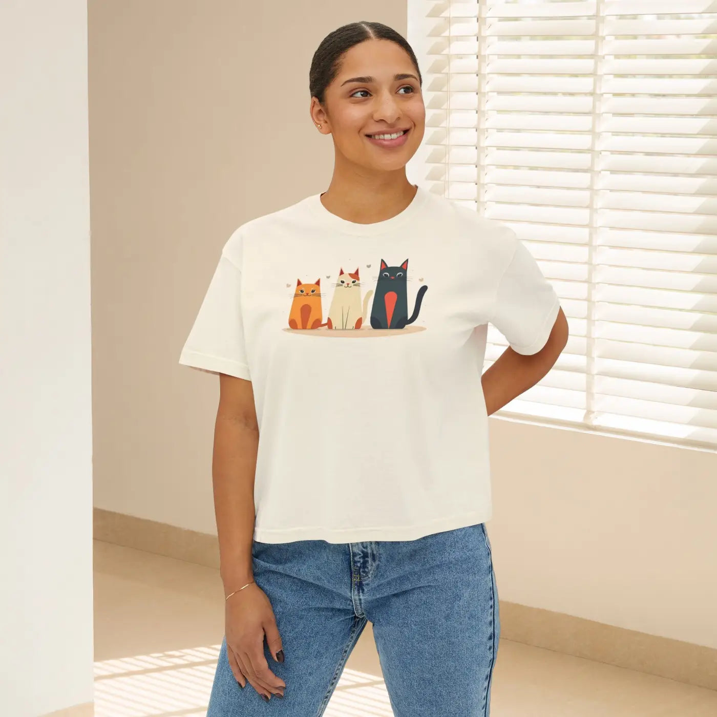 Cute Cat Lovers Women's Boxy Tee - Soft Cotton T-Shirt - DipaliZ