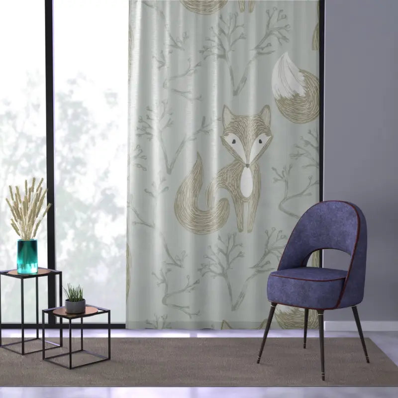 Teal Window Curtain - Whimsical Fox Print for Kids - DipaliZ
