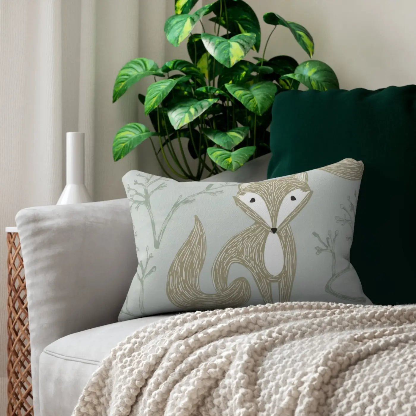 Teal Spun Polyester Lumbar Pillow - Cute Fox Design - DipaliZ