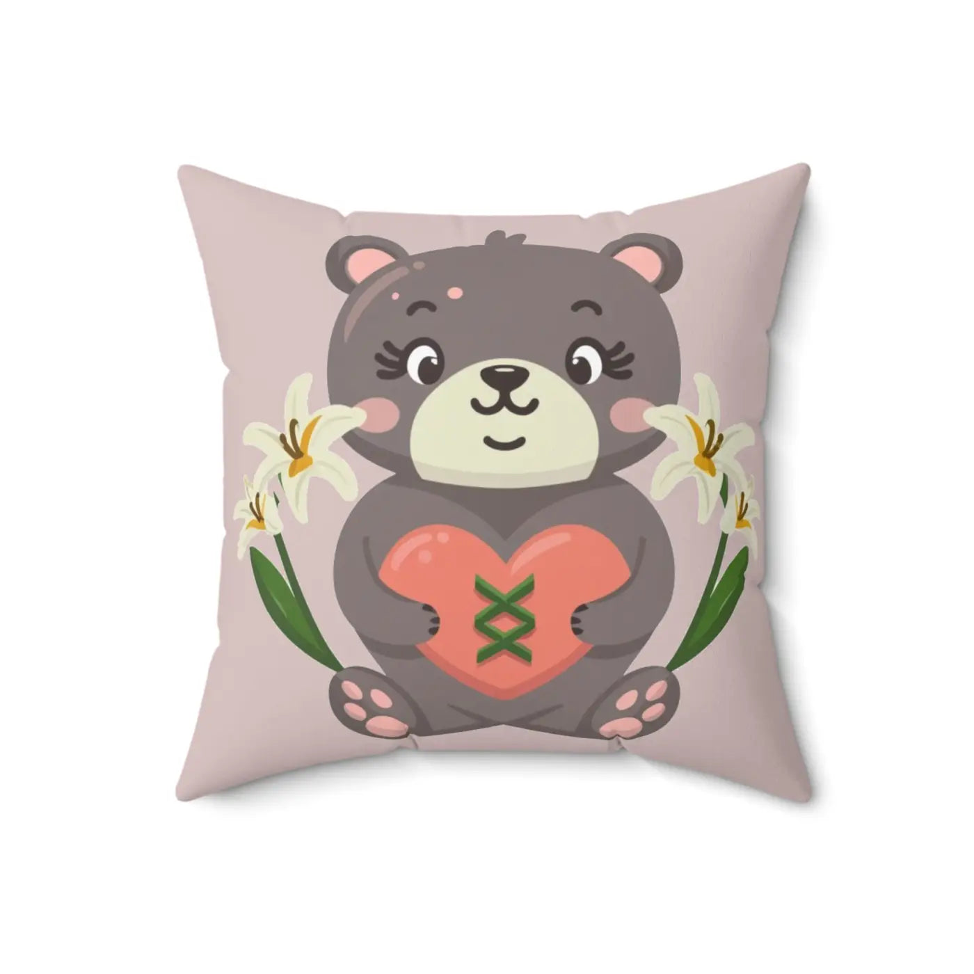 Teddy Bear Square Pillow - Polyester Heart Design - DipaliZ
