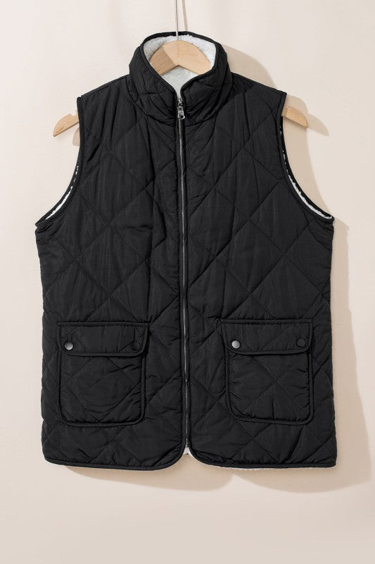 Solid Fleece Lined Quilted Vest Coat