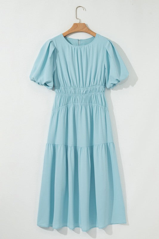 Lara Puff Sleeve Pleated High Waist Midi Dress