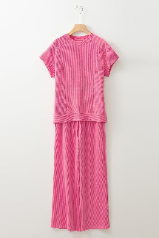 Solid Corded T-Shirt and Pants Set