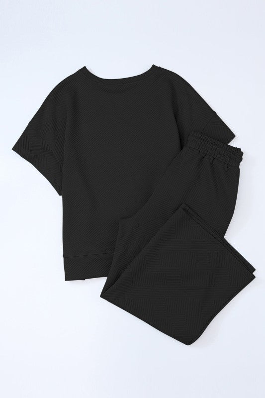 Solid Textured T-Shirt and Drawstring Pants Set