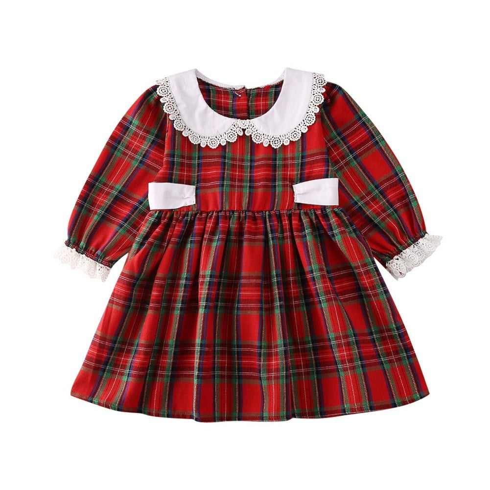 Round Neck Lace Long Sleeve Western Style Plaid Dress