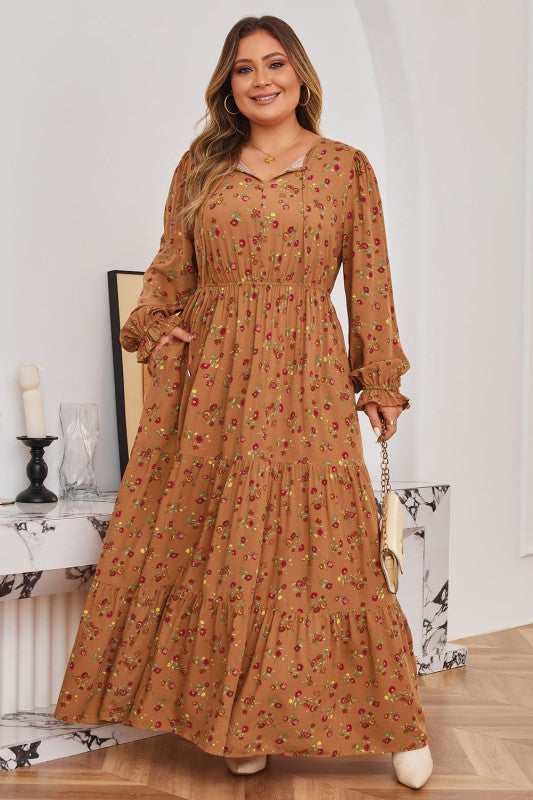 Plus Size Floral V-Neck Ruffle Sleeve Tiered Dress