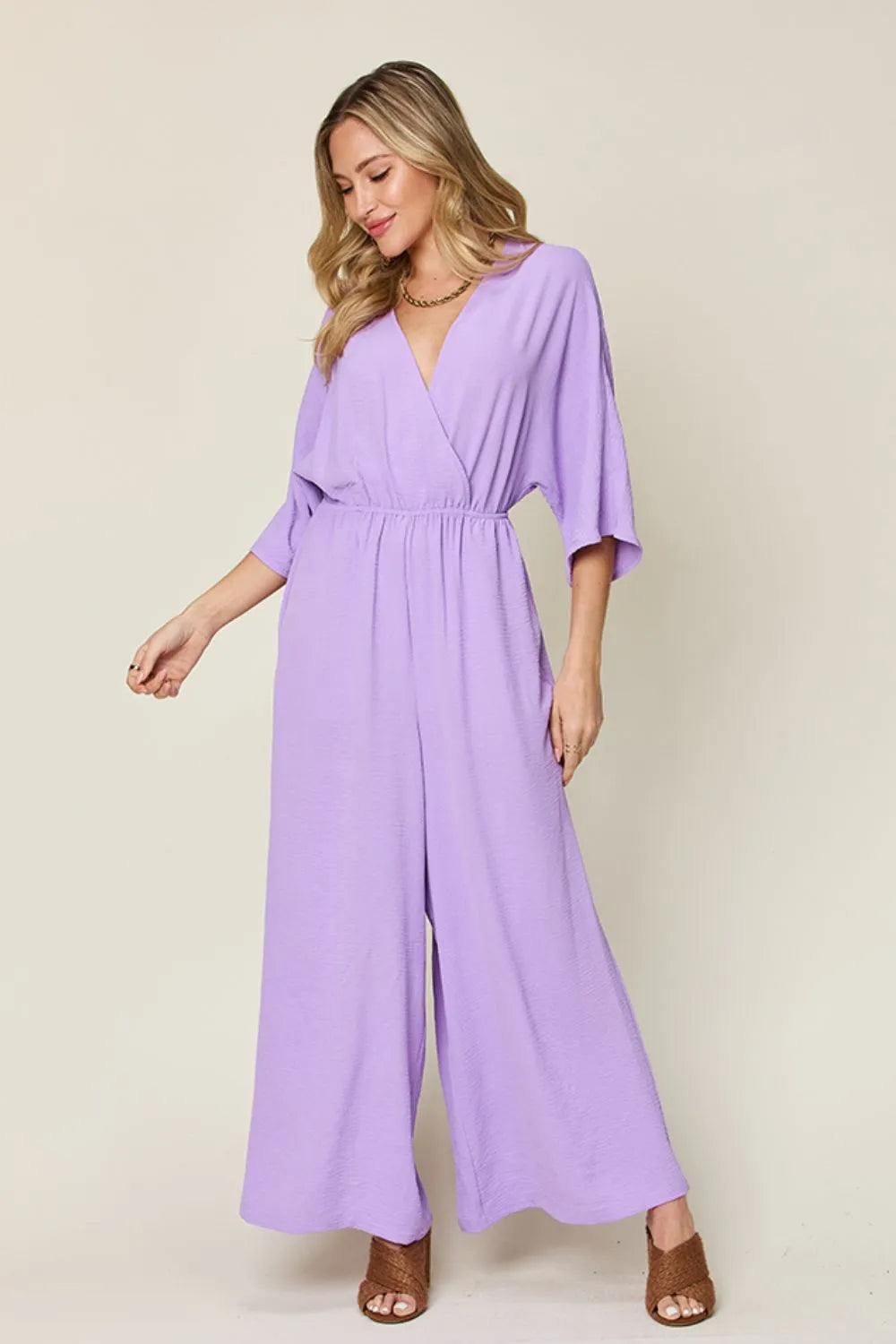Garden Naked Womens Jumpsuit Elegant Kimono-Sleeve Jumpsuit With Pockets Royal Blue Soft Crepe Fabric Wide