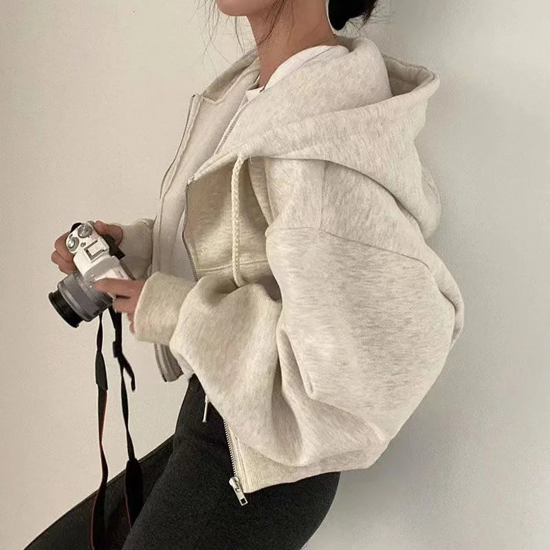 Spring Autumn Winter New fleece-lined Versatile Cropped Hoodie