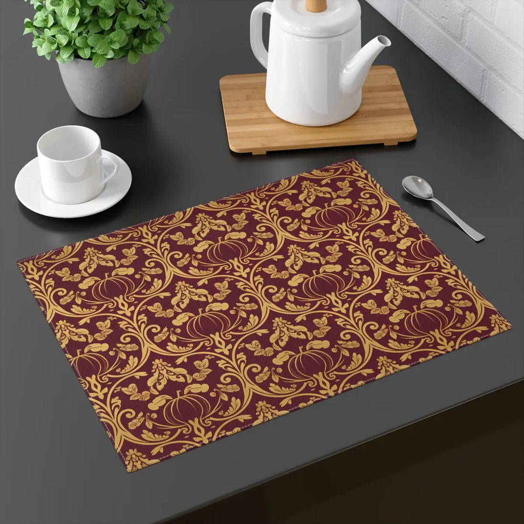 Damask Cotton Twill Placemats - Deep Burgundy Hemmed Edges - DipaliZ