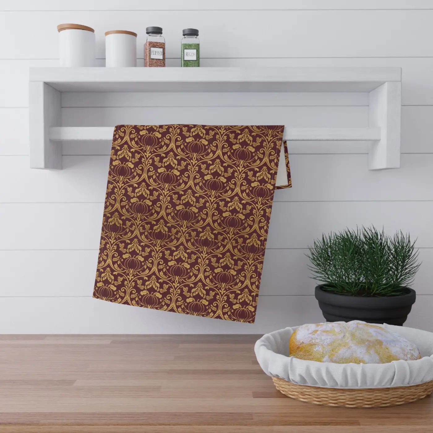 Vintage Damask Charm Tea Towel - Auburn Gold Lightweight - DipaliZ