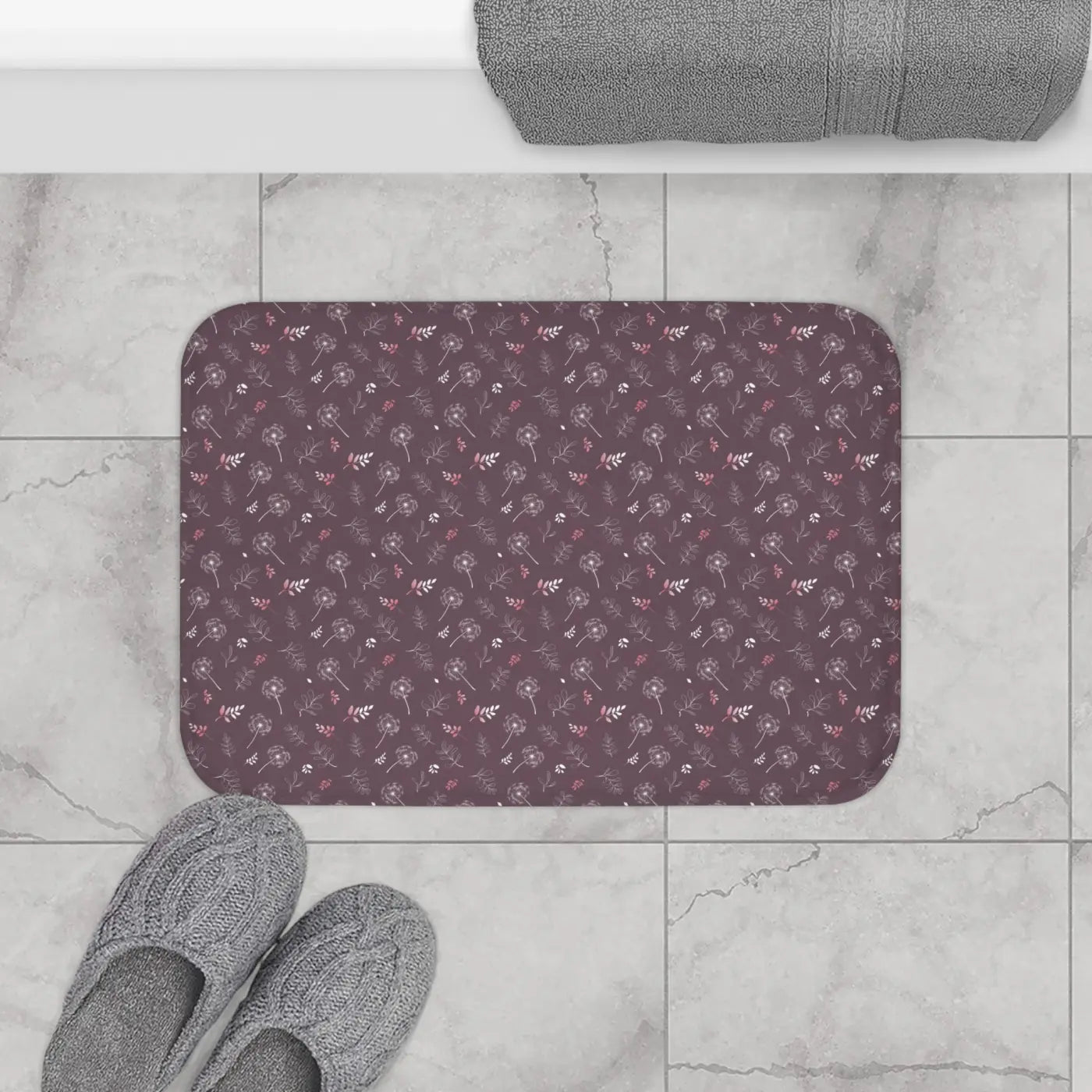 Dandelions Mauve Bath Mat - Dreamy Floral Bathroom Decor - DipaliZ