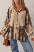 Boho Floral Plaid Patchwork Ruffle Sleeve Waffle Shacket