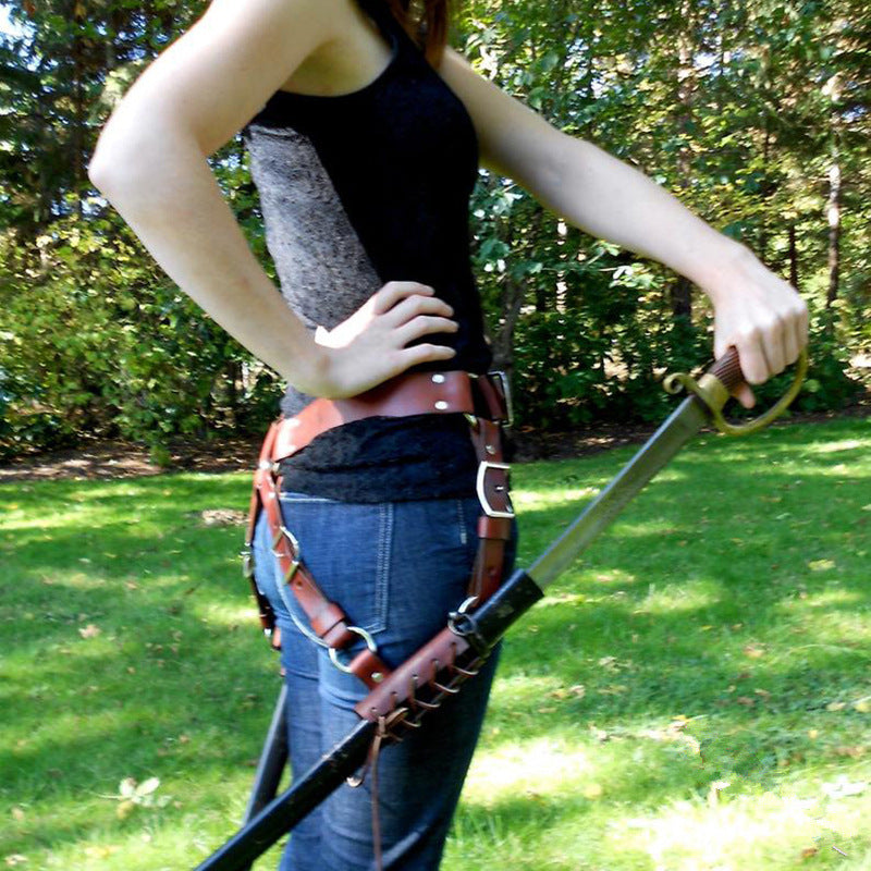Medieval Warrior PU Leather Belt Double Sword Set