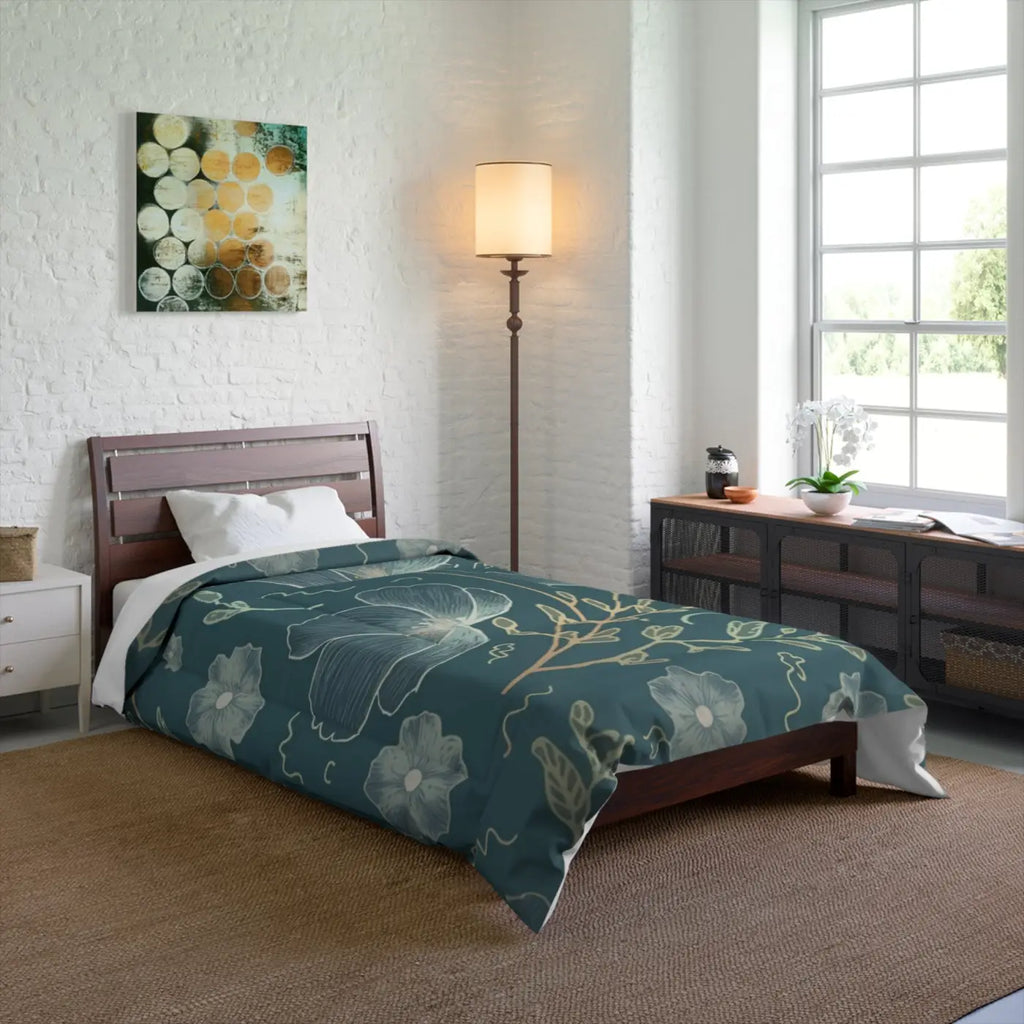 Teal Comforter - Delicate Flowers for Cold Days - DipaliZ