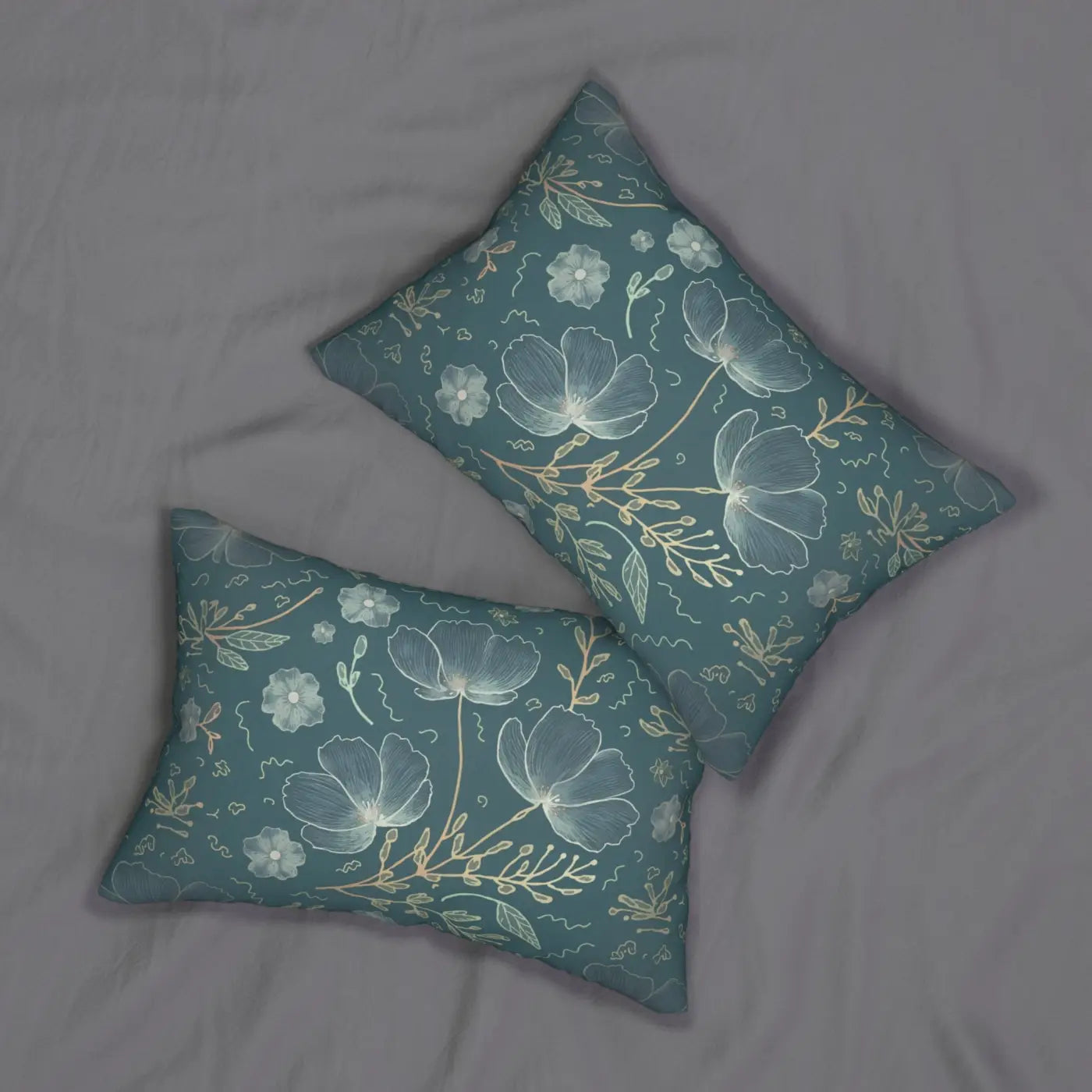 Floral Elegance Lumbar Pillow - Teal Polyester Design - DipaliZ