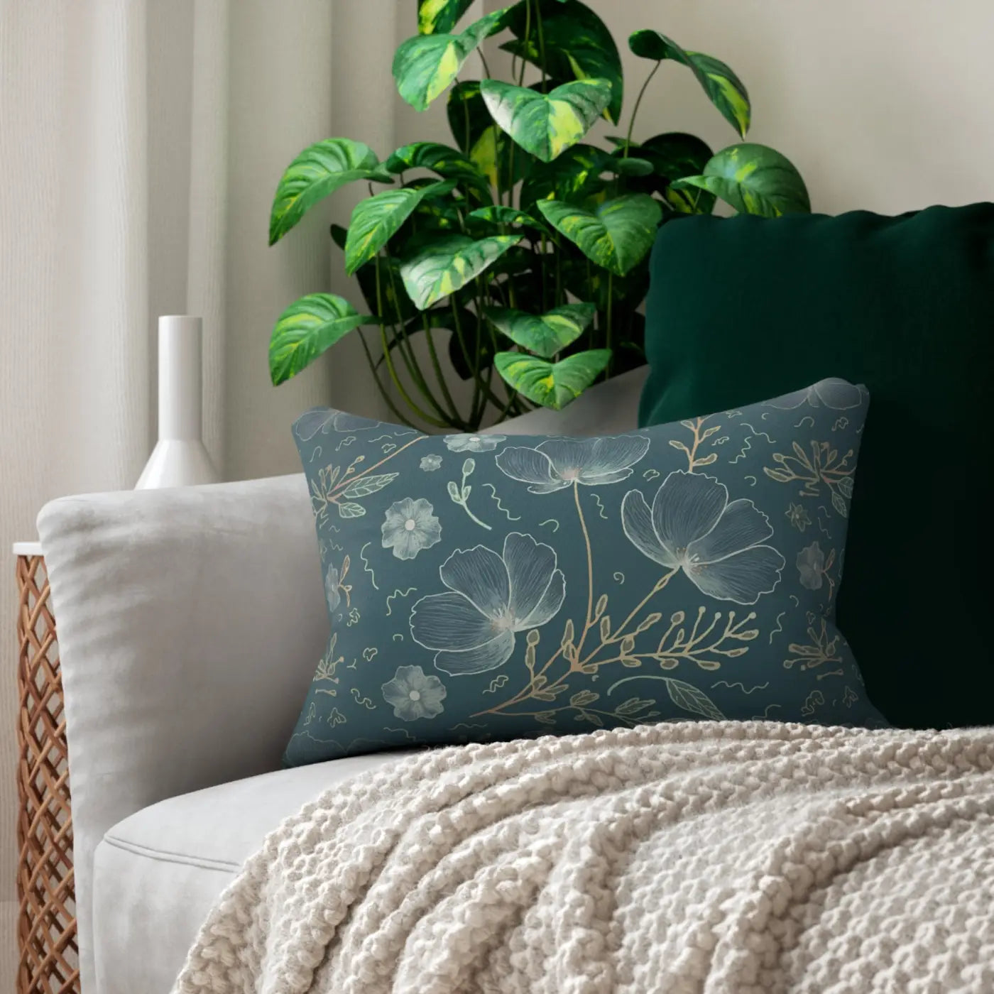 Floral Elegance Lumbar Pillow - Teal Polyester Design - DipaliZ
