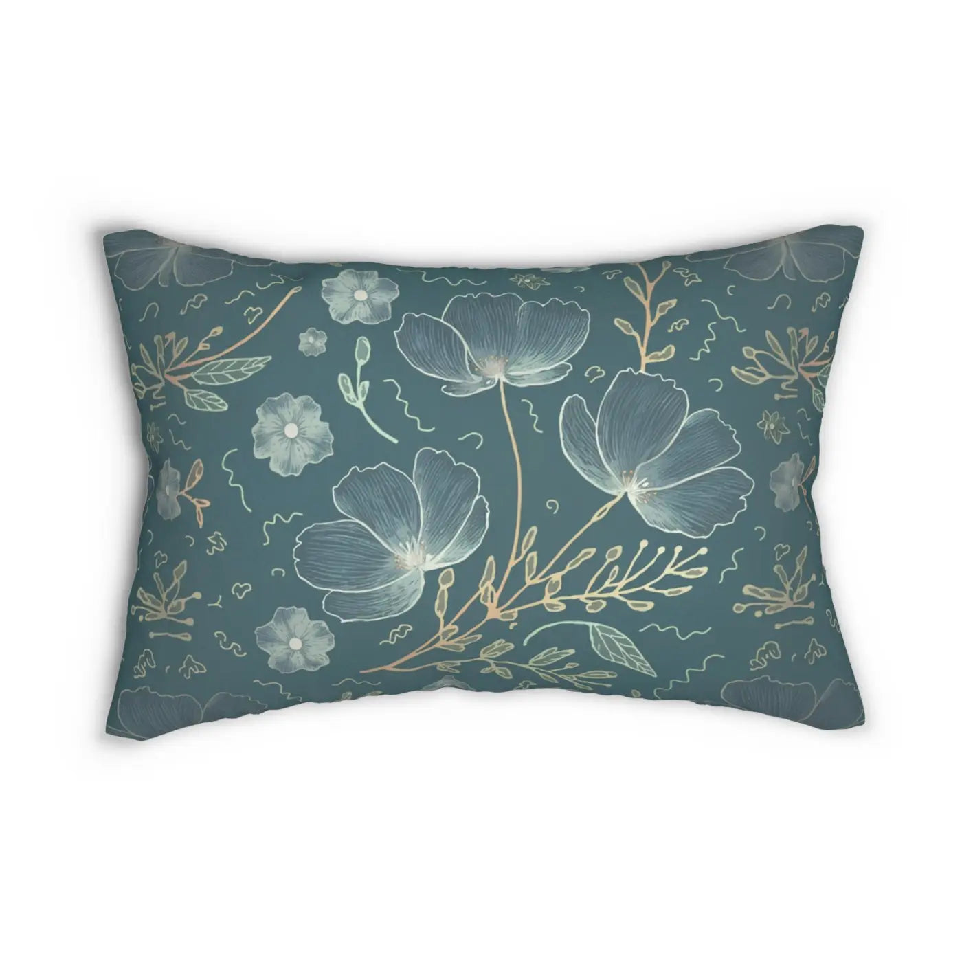 Floral Elegance Lumbar Pillow - Teal Polyester Design - DipaliZ