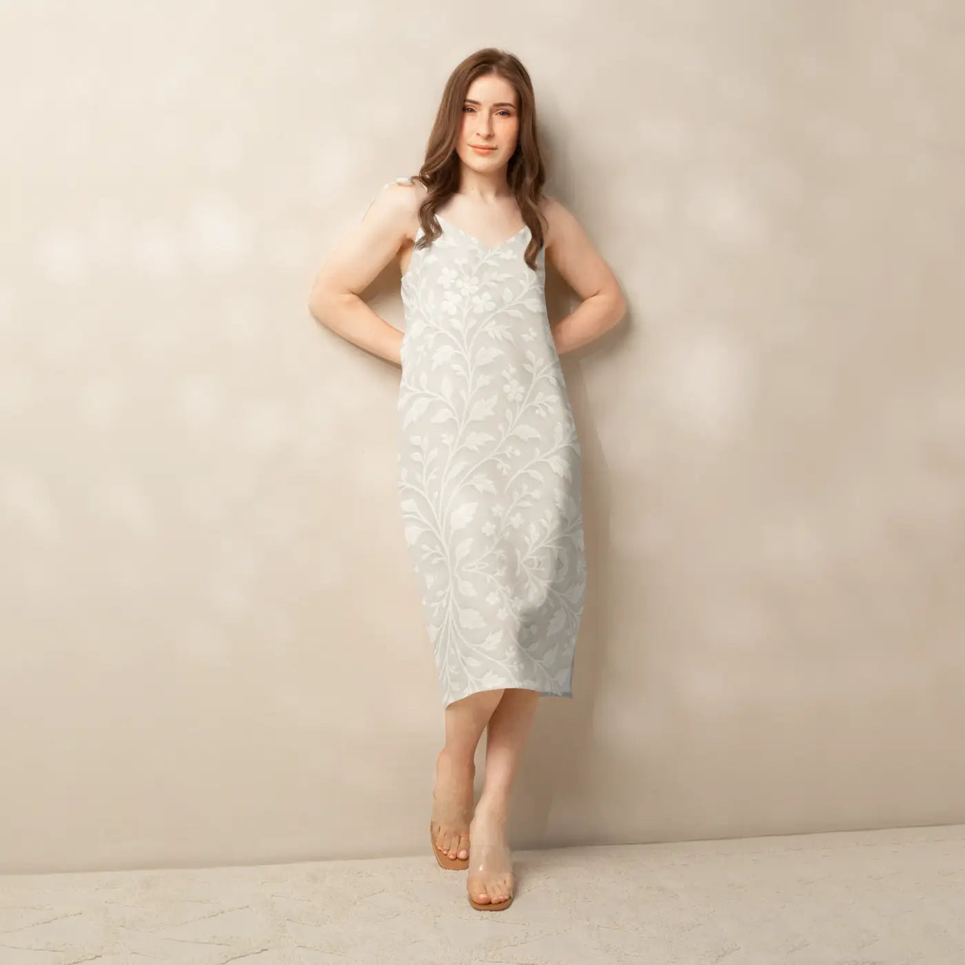 Floral Midi Dress - Delicate White Flowers Built-In Bra - DipaliZ