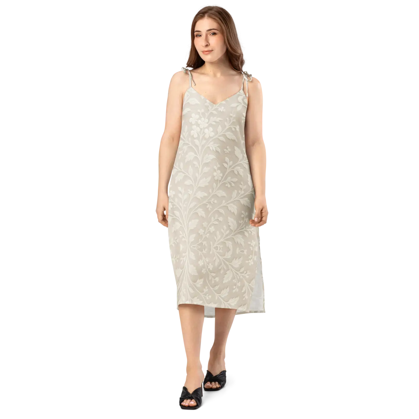 Floral Midi Dress - Delicate White Flowers Built-In Bra - DipaliZ