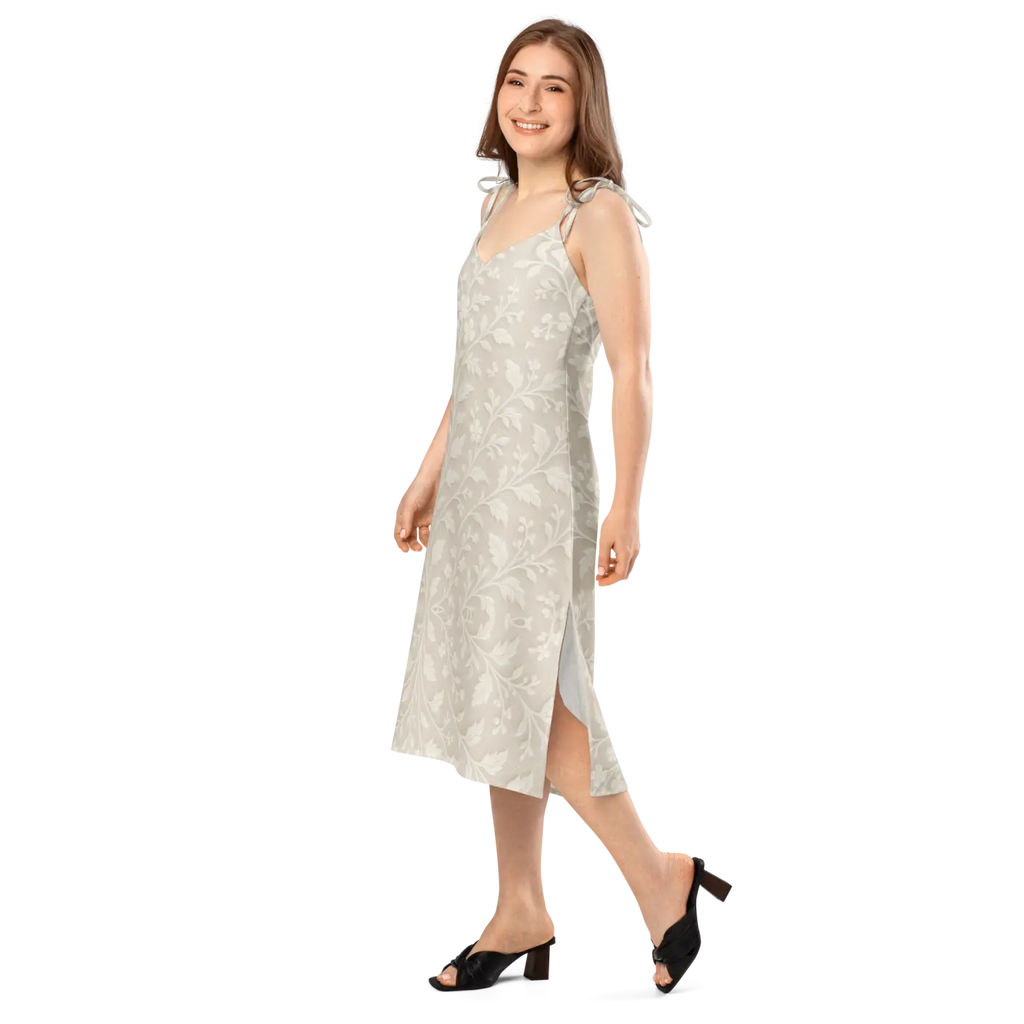 Floral Midi Dress - Delicate White Flowers Built-In Bra - DipaliZ