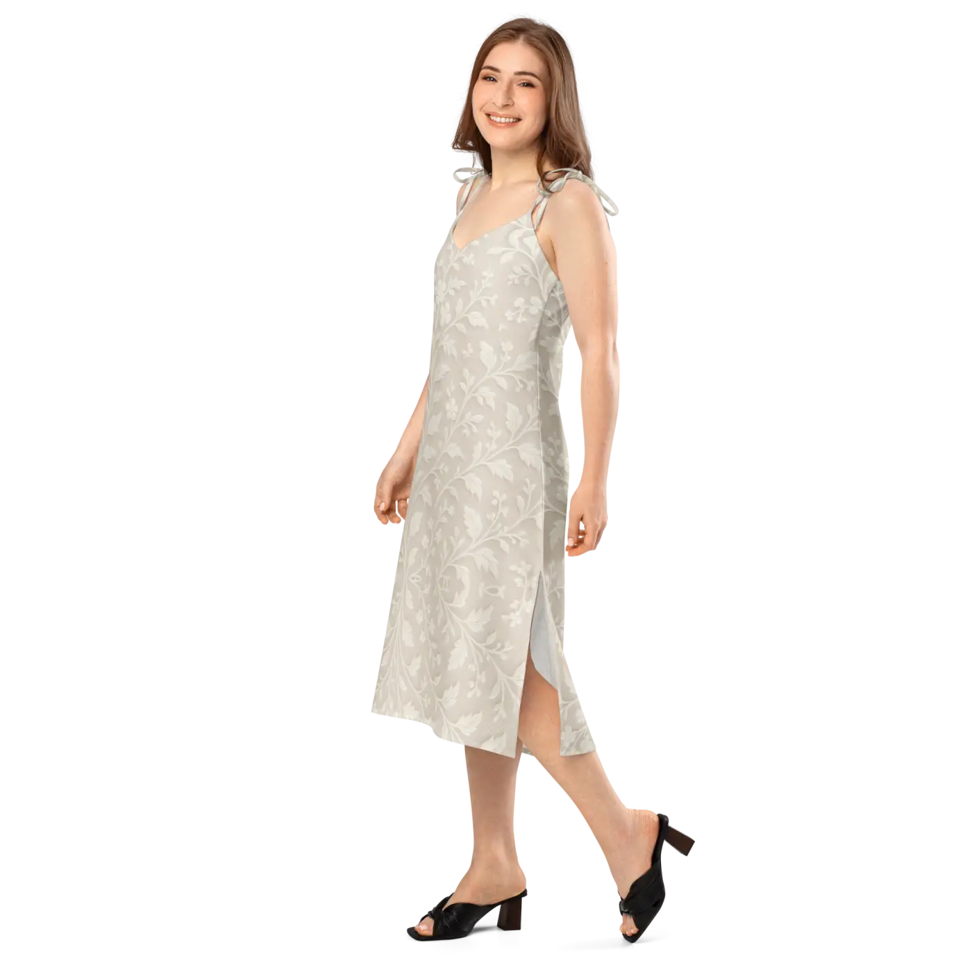 Floral Midi Dress - Delicate White Flowers Built-In Bra - DipaliZ