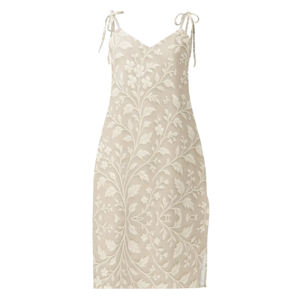 Floral Midi Dress - Delicate White Flowers Built-In Bra - DipaliZ