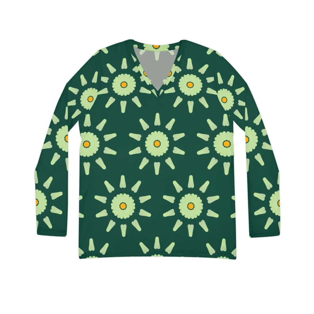 Long Sleeve V Neck Tee - Abstract Floral Pattern - DipaliZ