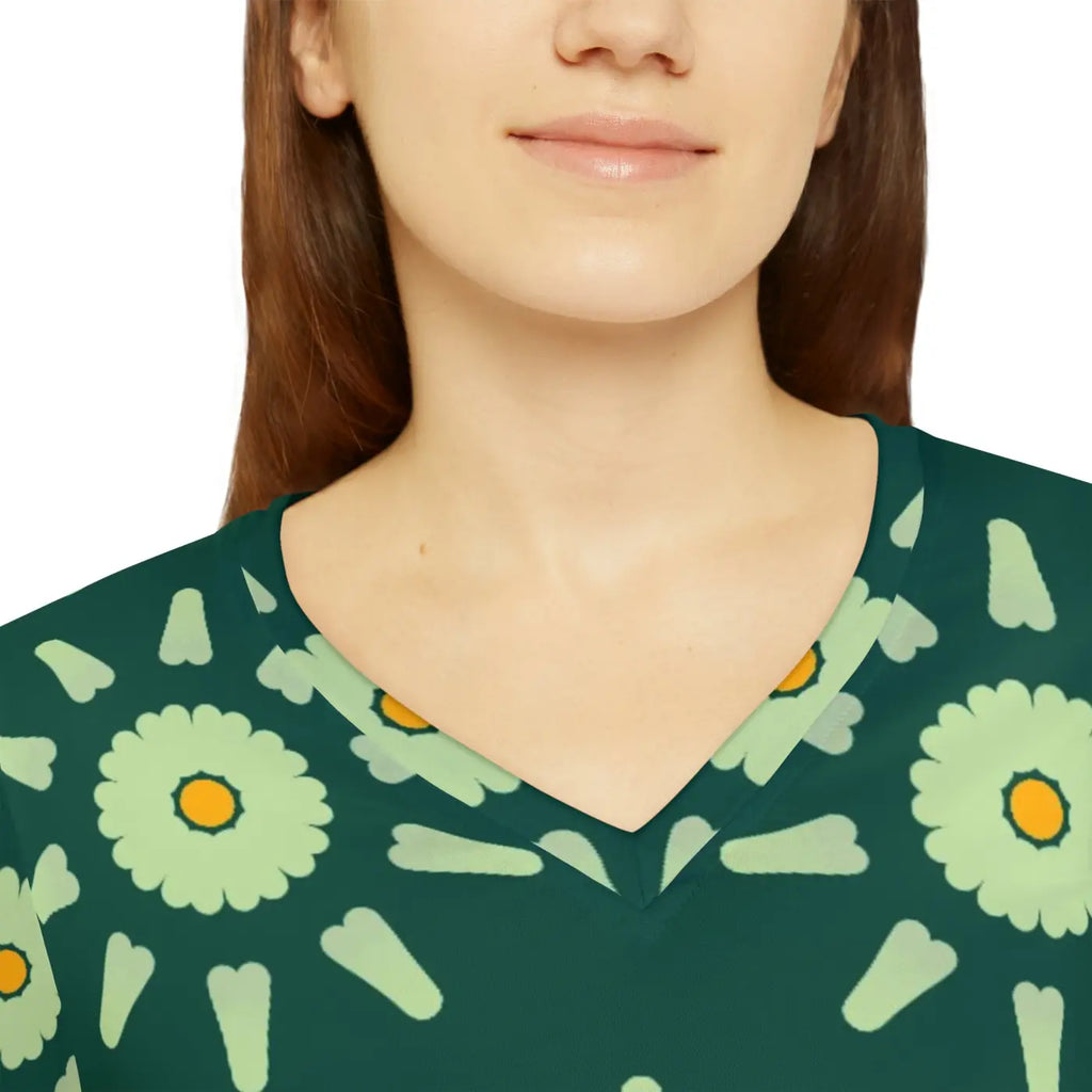 Long Sleeve V Neck Tee - Abstract Floral Pattern - DipaliZ