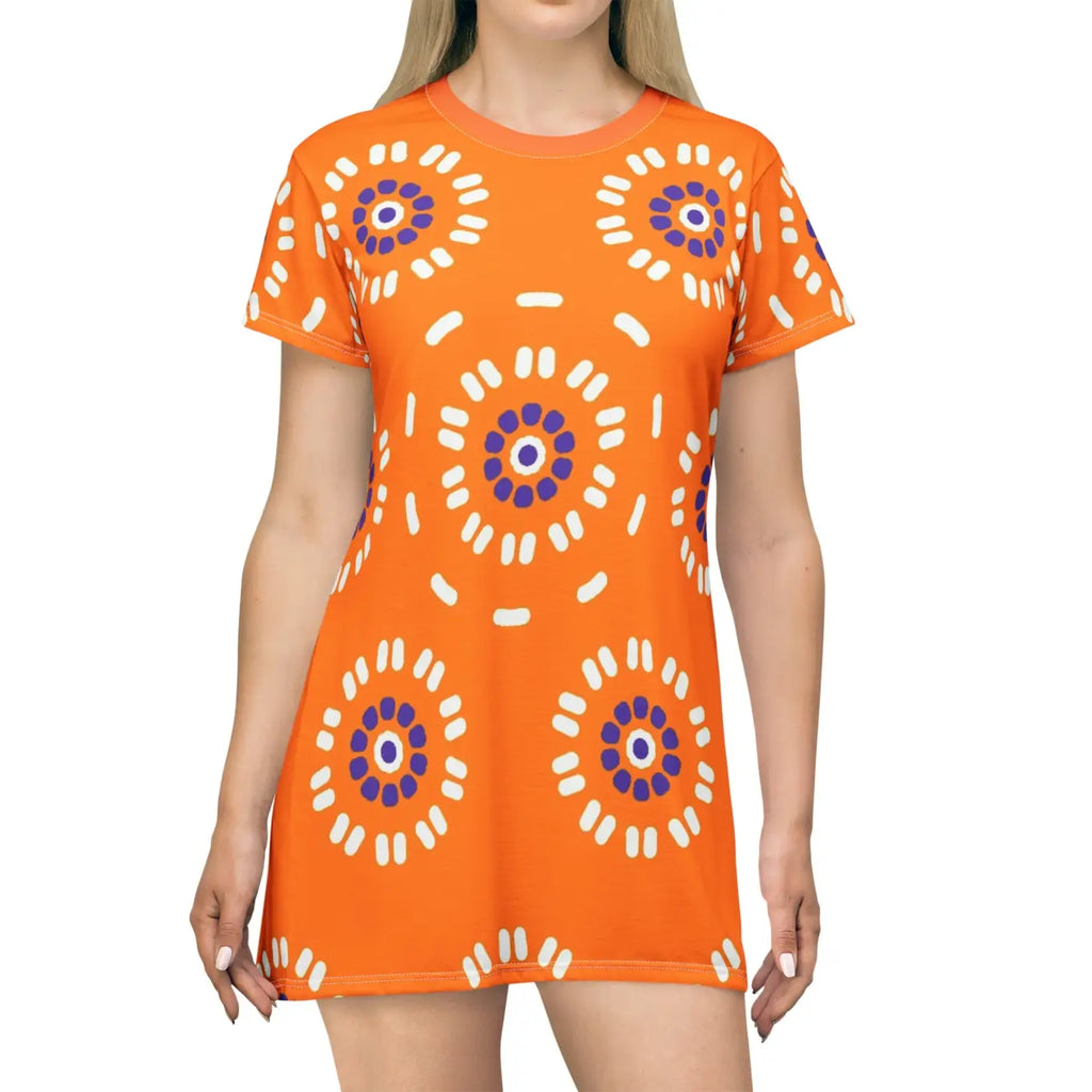 Orange Shirt Dress - Abstract Floral Pattern - DipaliZ