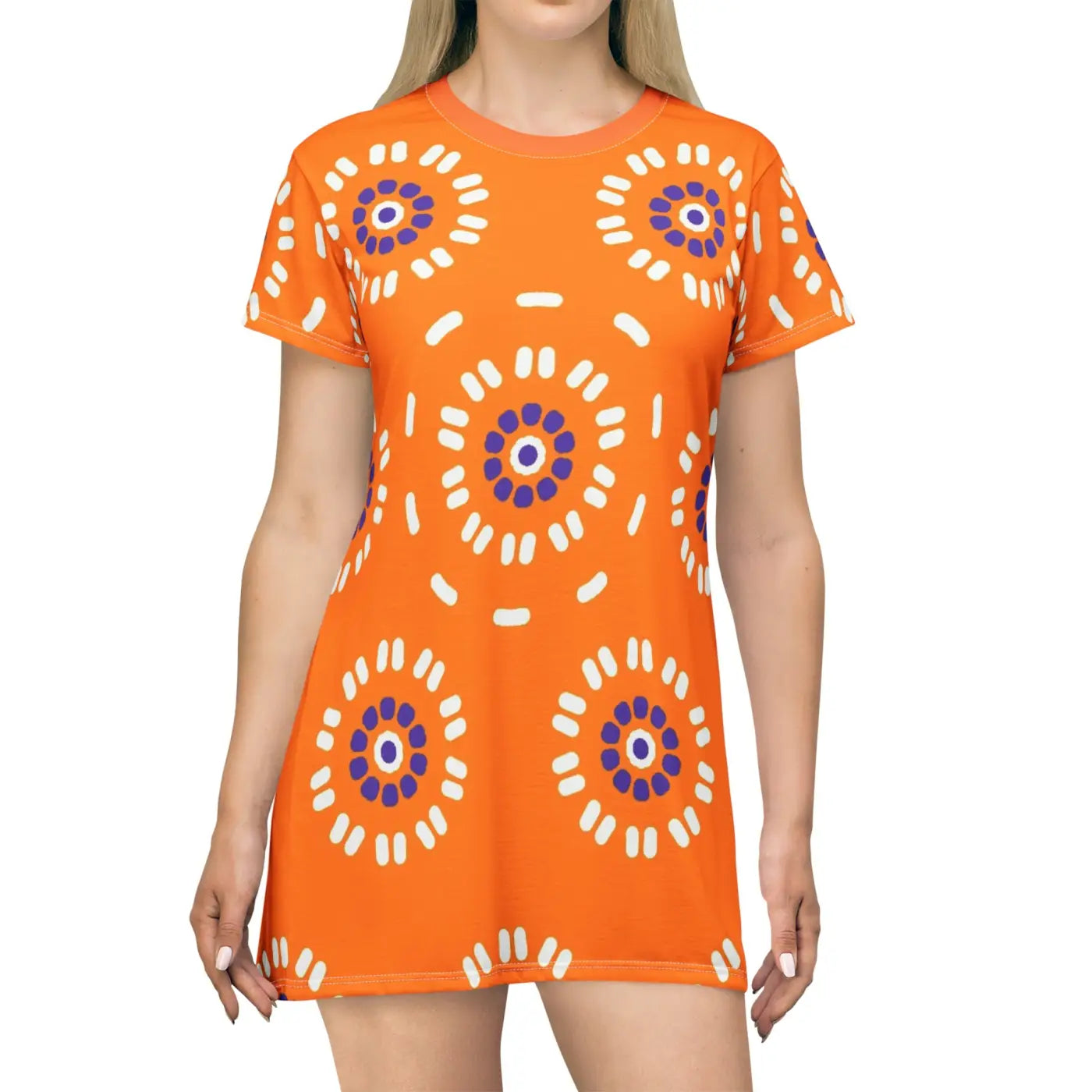 Orange Shirt Dress - Abstract Floral Pattern - DipaliZ