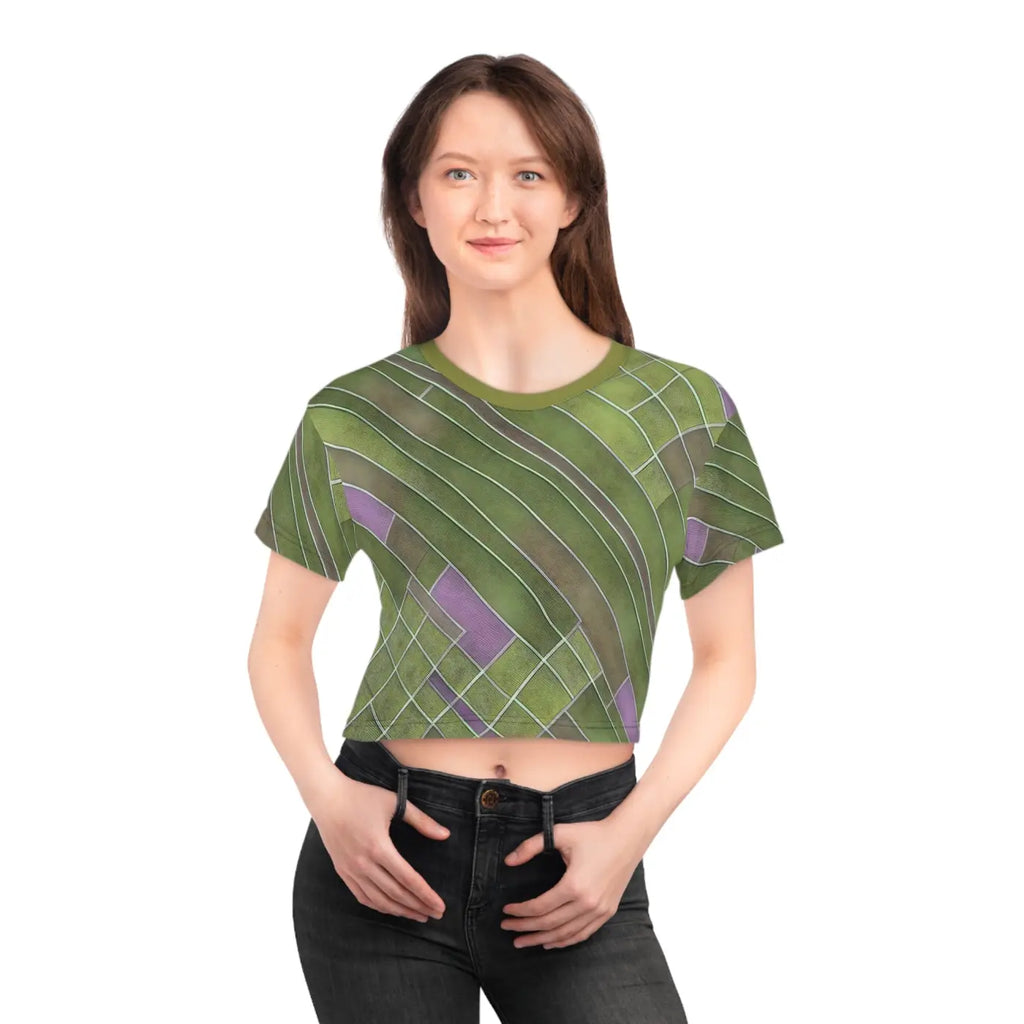 Crop Tee - Abstract Green and Purple Pattern - DipaliZ
