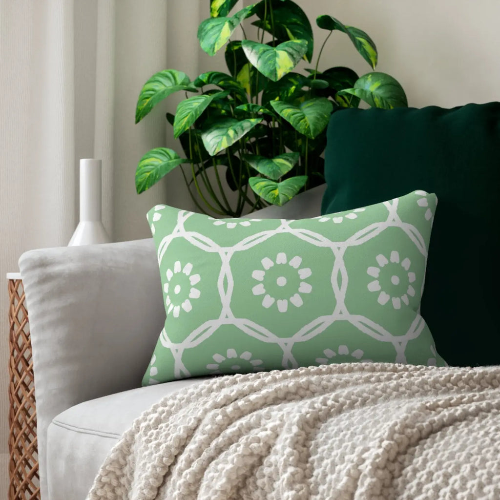 Polyester Lumbar Pillow - Green Geometric Pattern - DipaliZ