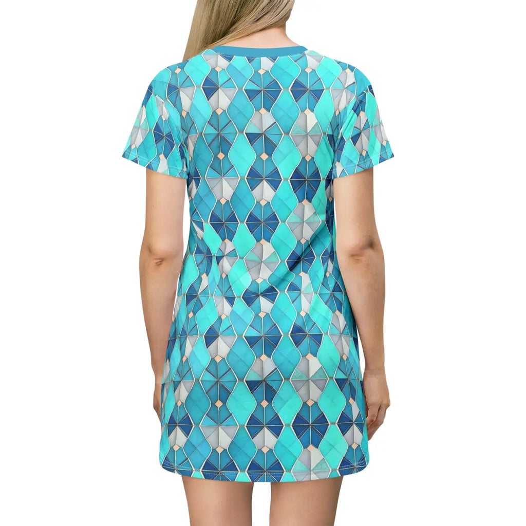 Aqua Blue Geometric Shirt Dress - Contemporary Style - DipaliZ
