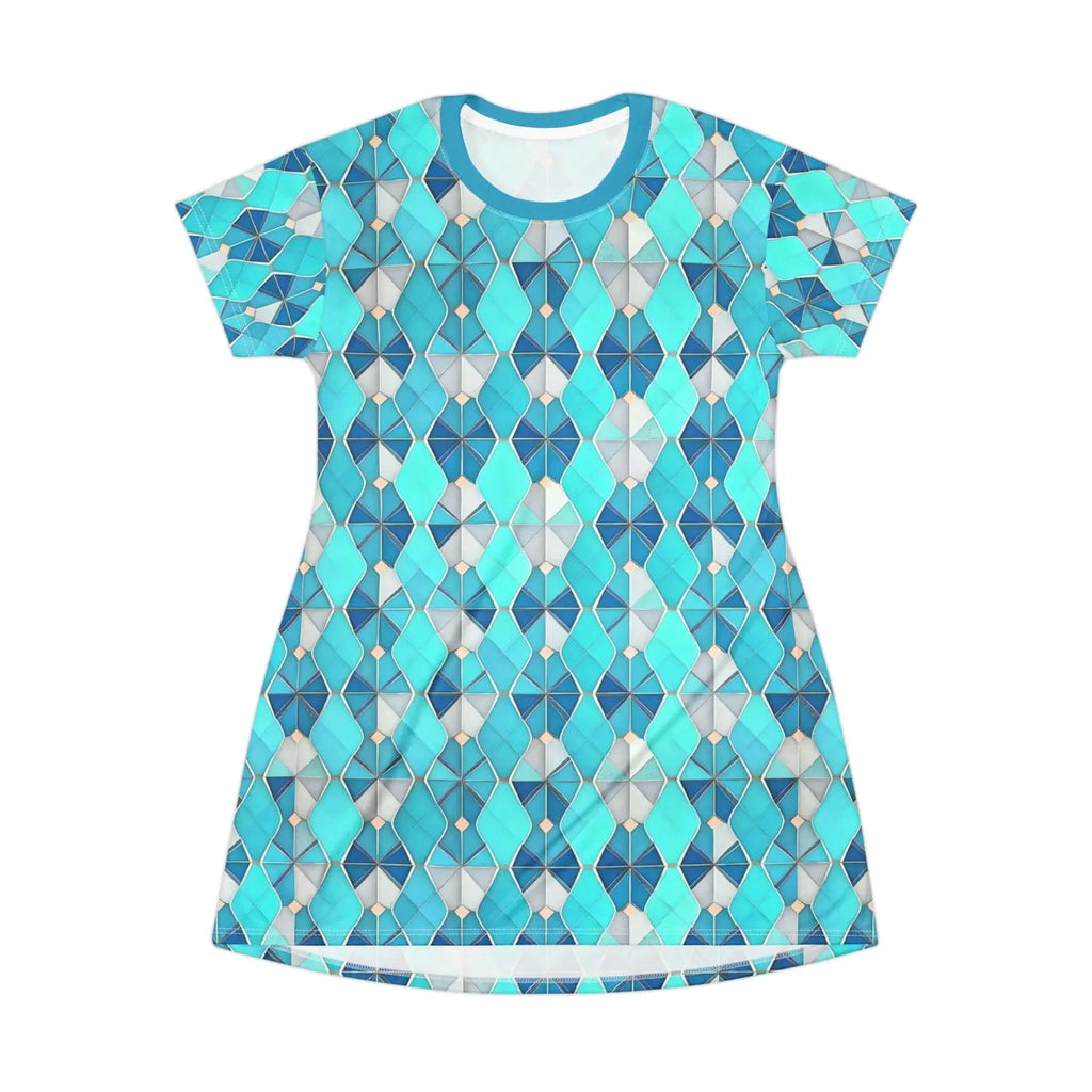 Aqua Blue Geometric Shirt Dress - Contemporary Style - DipaliZ