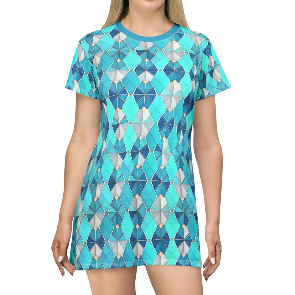 Aqua Blue Geometric Shirt Dress - Contemporary Style - DipaliZ