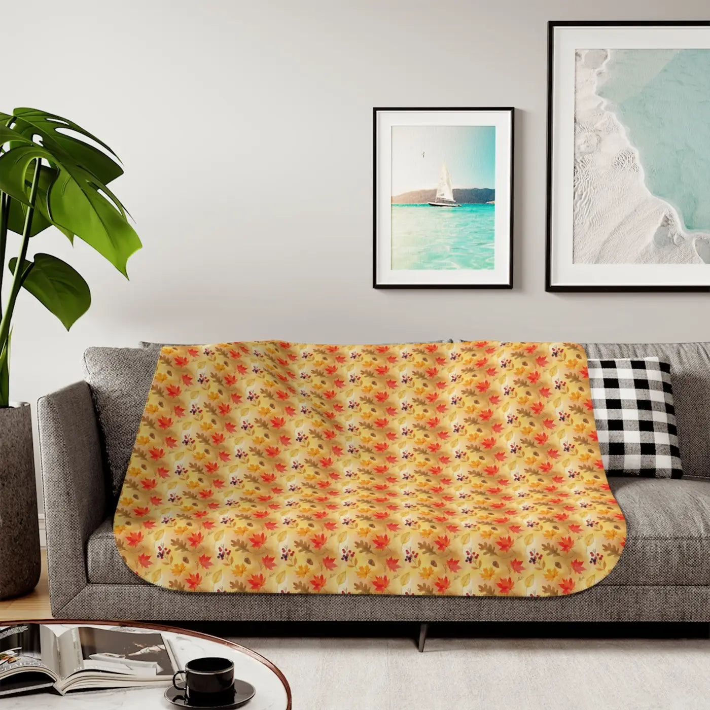 Sherpa Blanket - Autumn Leaves Yellow Print - DipaliZ