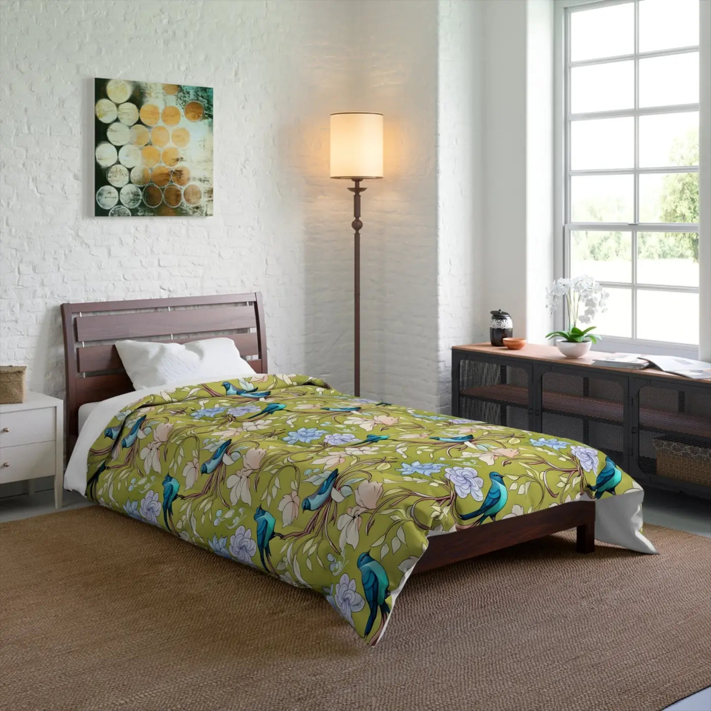 Blue Bird Comforter - Birds and Flowers Print - DipaliZ