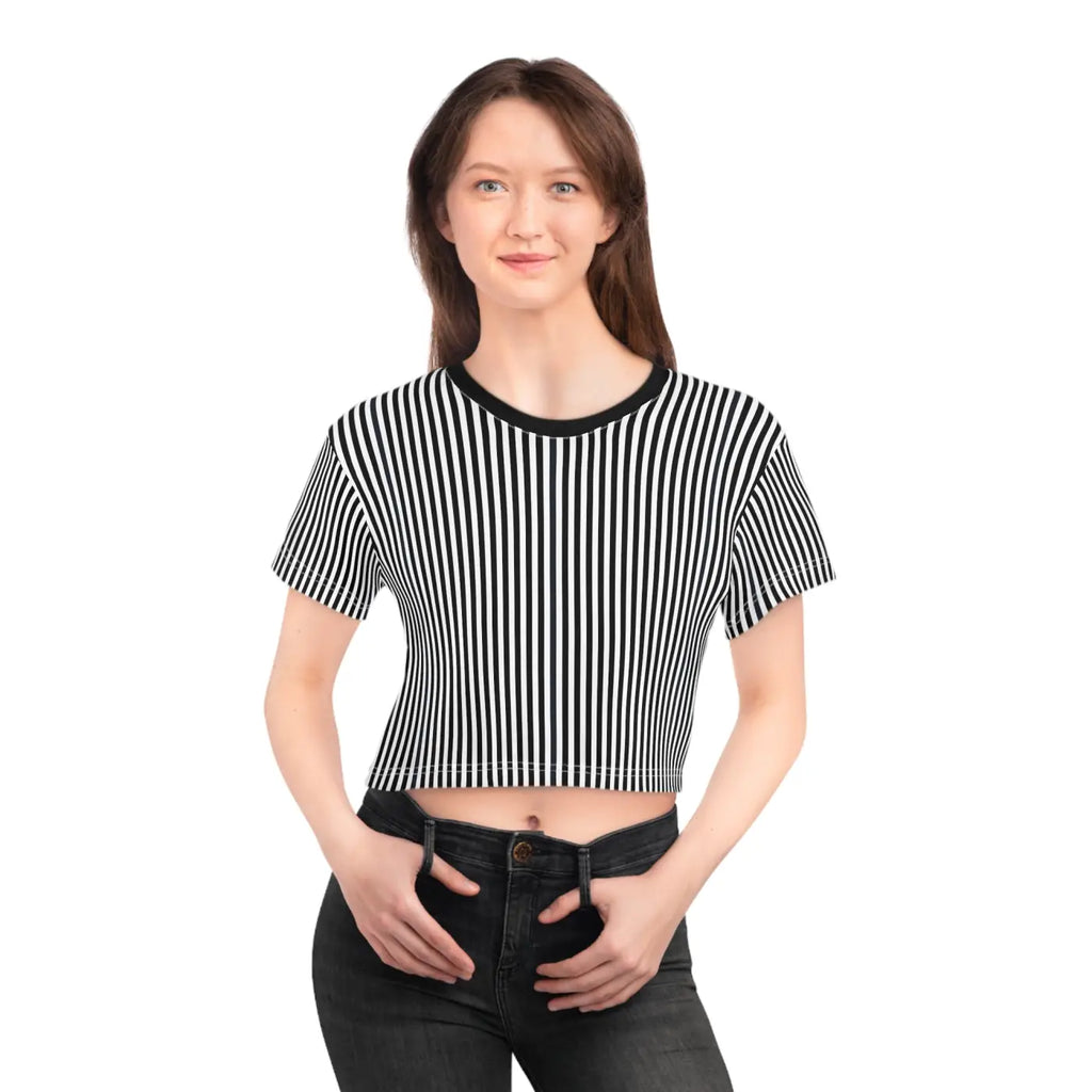 Black Stripes AOP Crop Tee - Bold Statement Style - DipaliZ