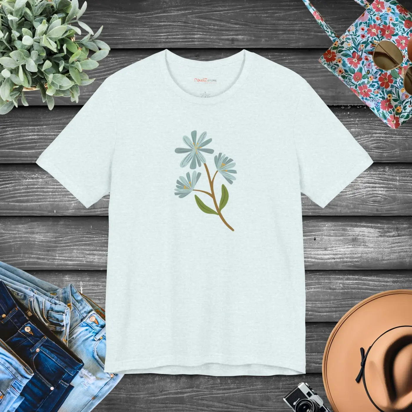Blue Flower Jersey Short Sleeve Tee - Unisex Fit - DipaliZ